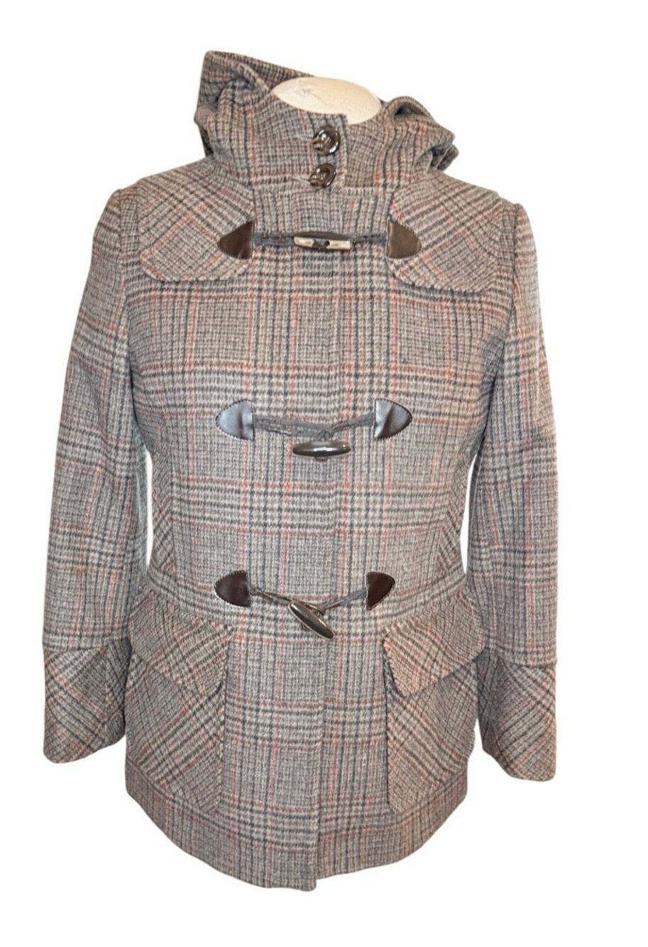 St. John’s Nay Cashmere Blend Plaid Vintage 90s Duffle Coat Toggle Small Petite